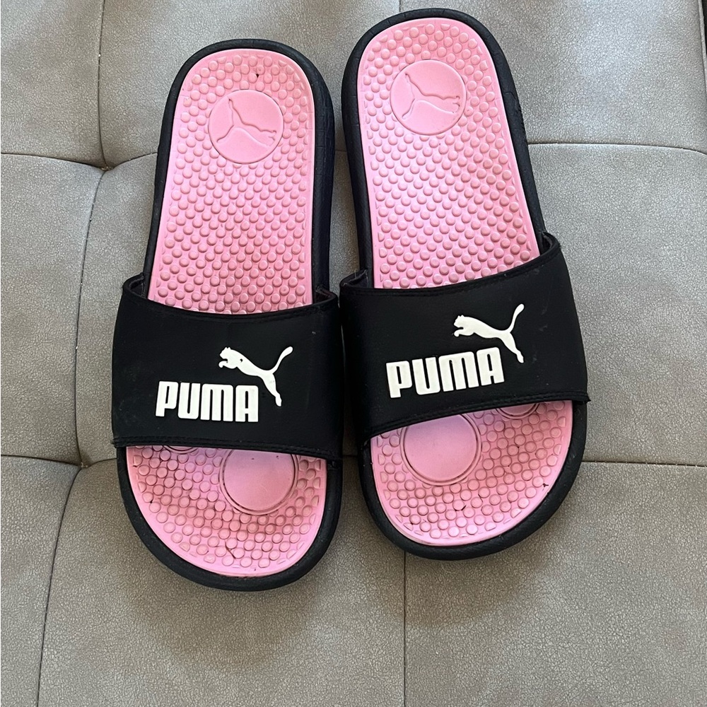 Women’s Puma Black Strap Pink Footbed Slide Sandals